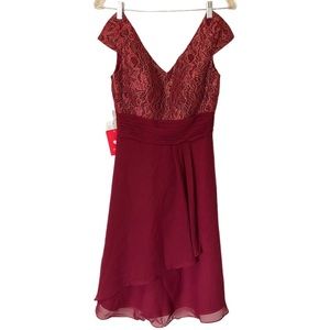 NWT JJ’s House Burgundy Lace Cap Sleeve Chiffon Midi Dress Size 4 Winter Fall